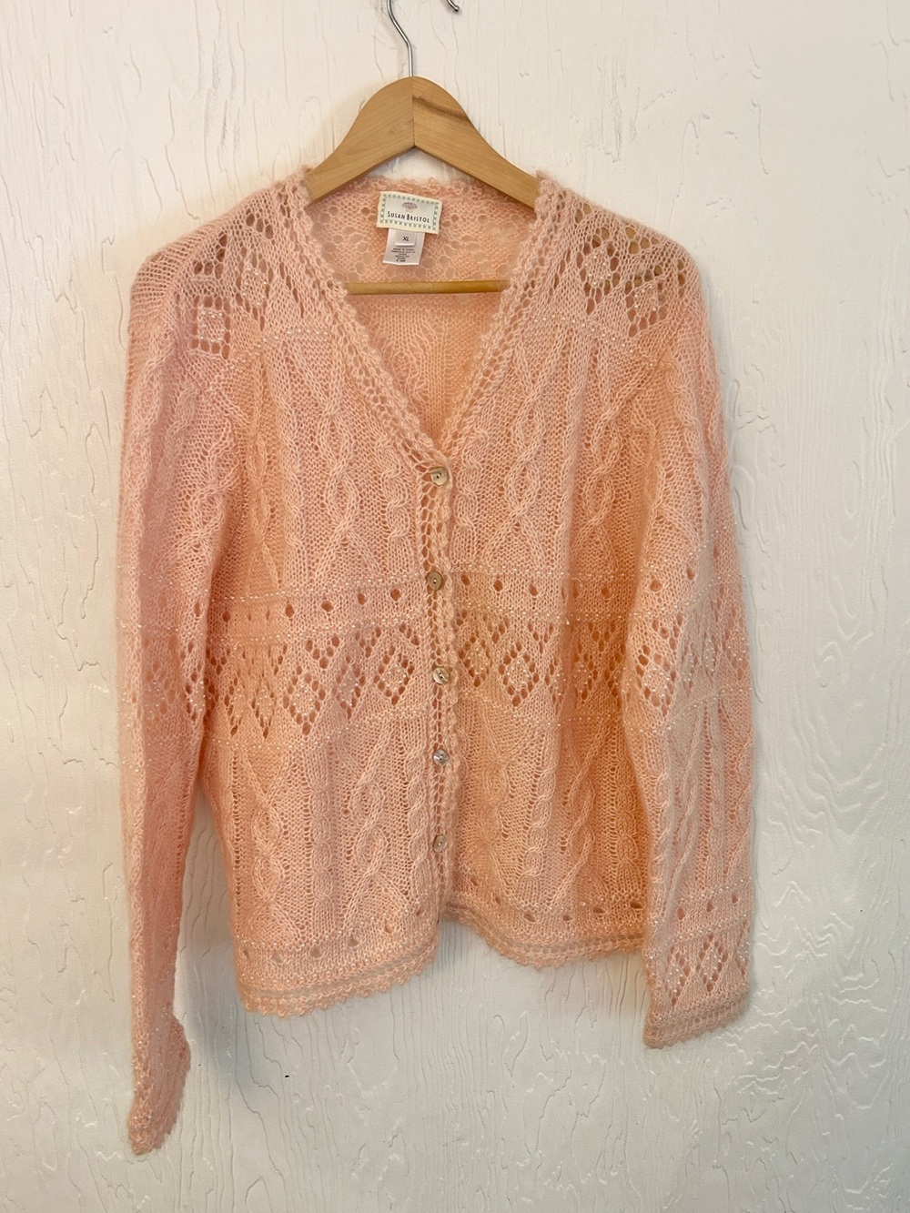 SUSAN BRISTOL Vintage Mohair Beaded Cardigan Pink XL Lace Knit Cottagecore Femme